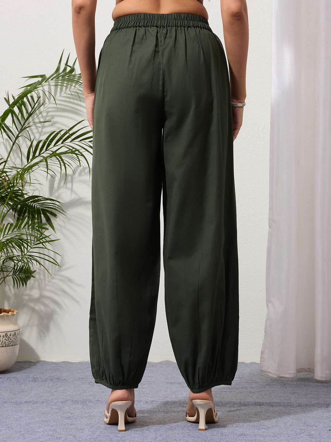 Green Cotton Linen Piping Hem Palazzo with Pocket