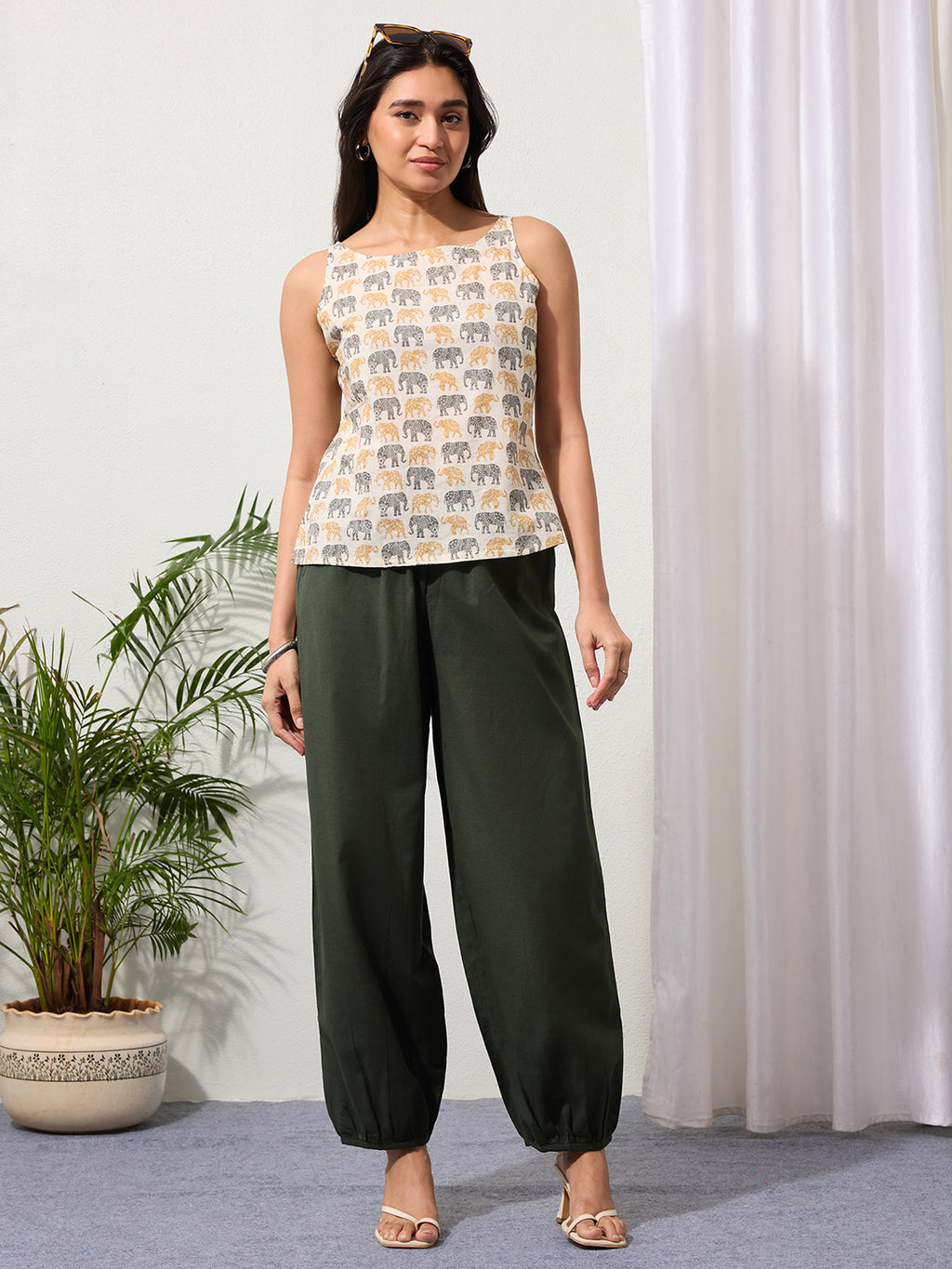 Green Cotton Linen Piping Hem Palazzo with Pocket