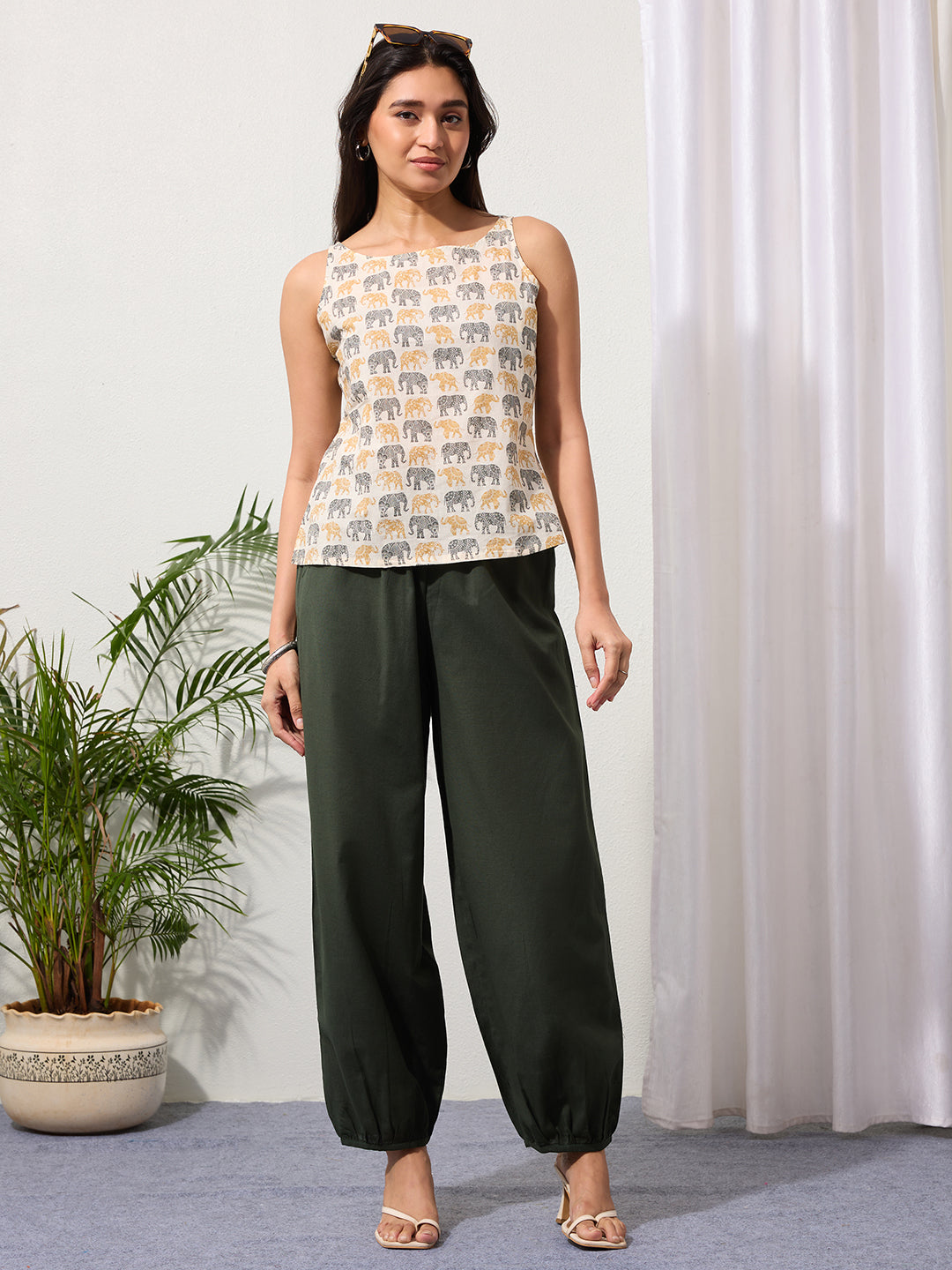 Green Cotton Linen Piping Hem Palazzo with Pocket