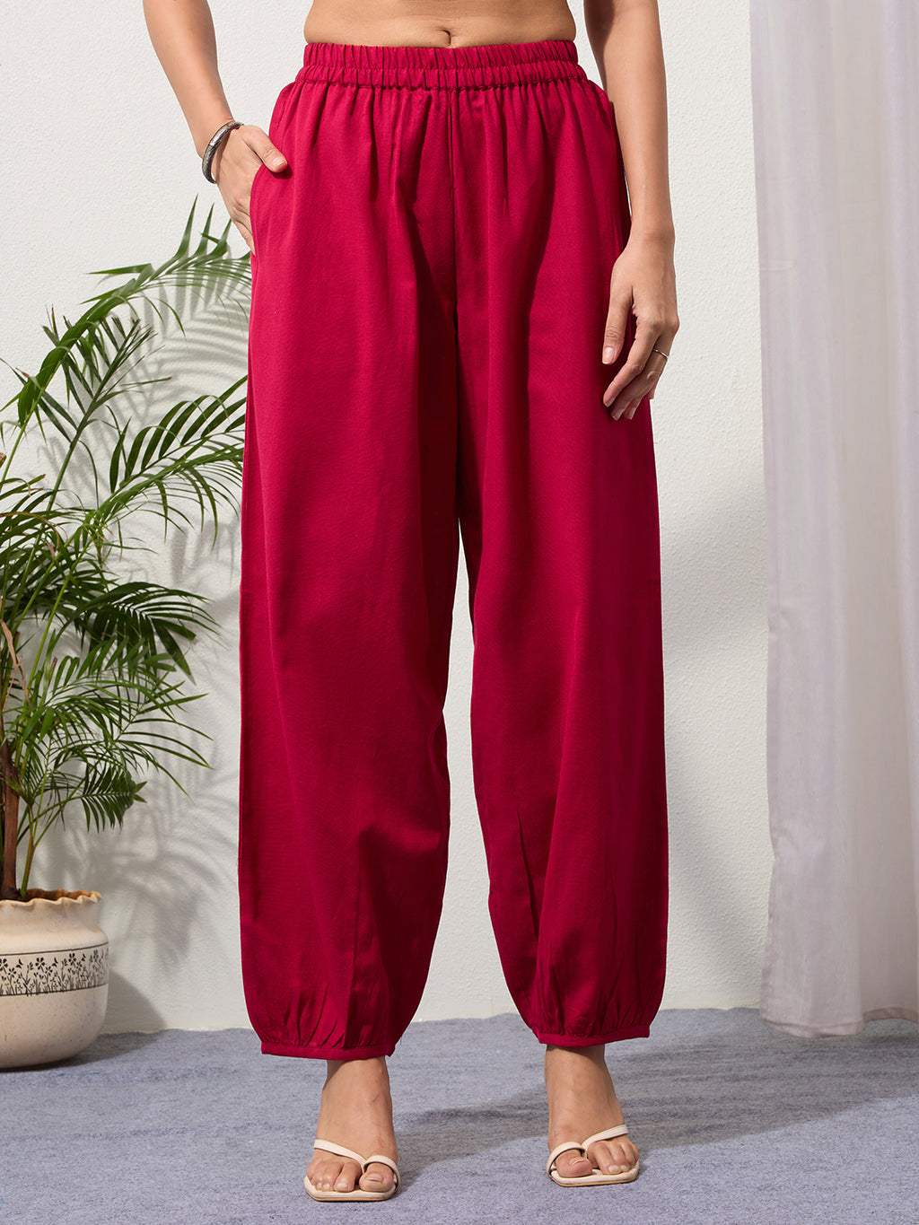 Fuchsia Cotton Linen Piping Hem Palazzo with Pocket