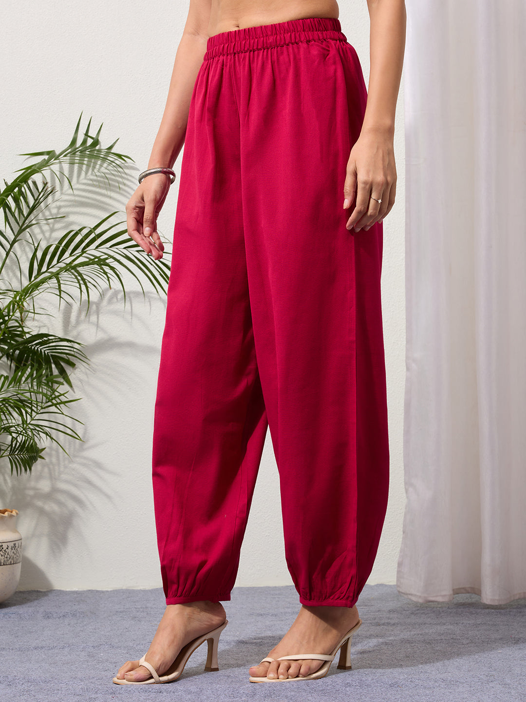 Fuchsia Cotton Linen Piping Hem Palazzo with Pocket