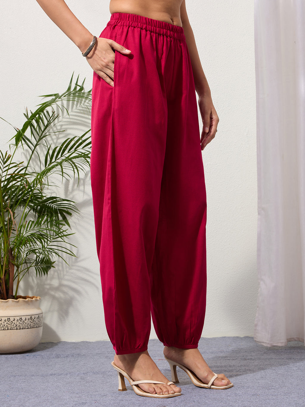 Fuchsia Cotton Linen Piping Hem Palazzo with Pocket