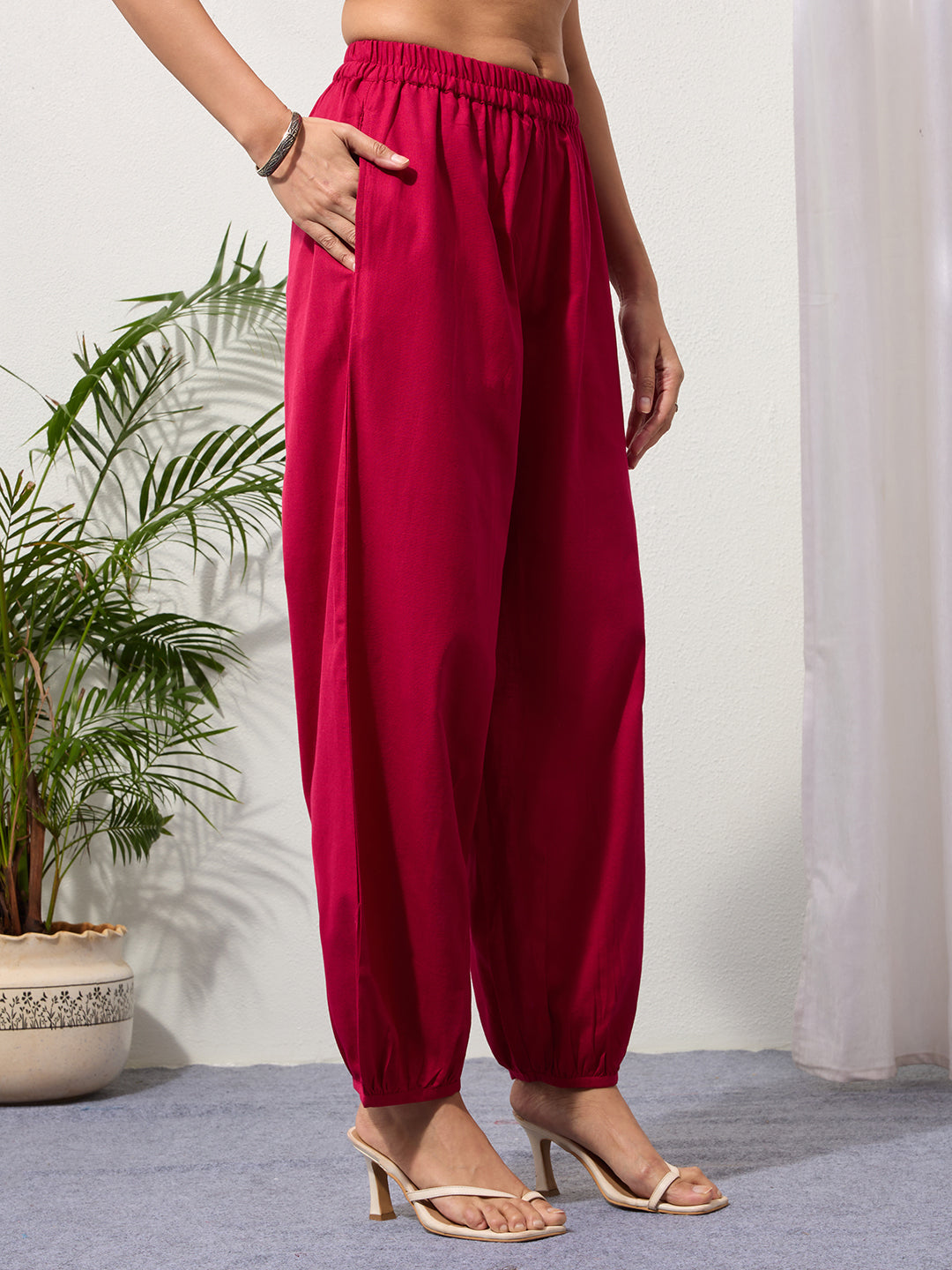 Fuchsia Cotton Linen Piping Hem Palazzo with Pocket