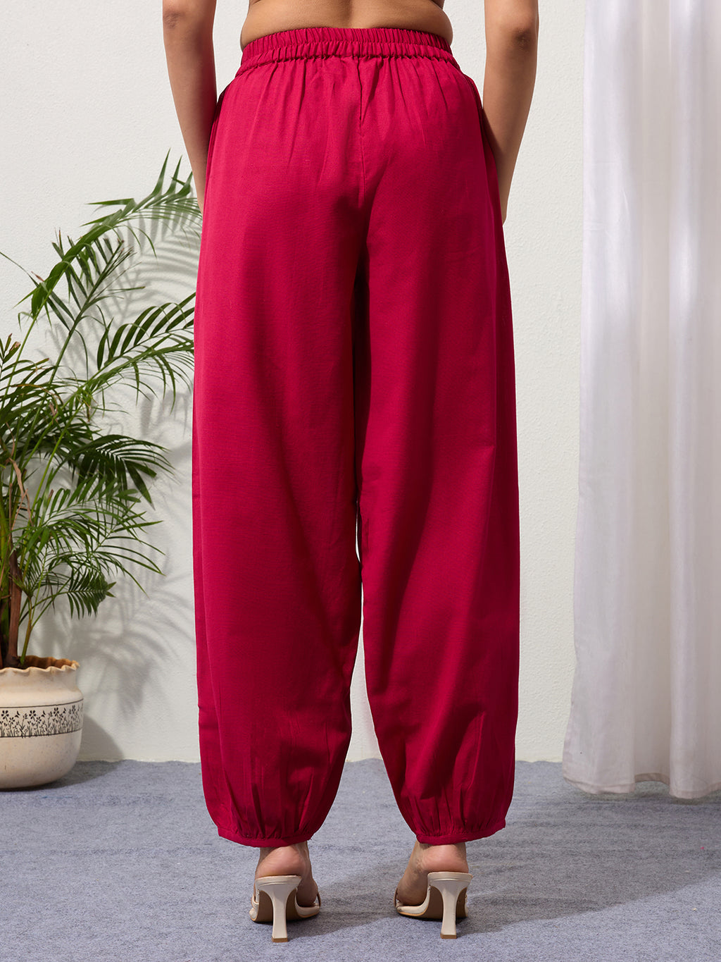 Fuchsia Cotton Linen Piping Hem Palazzo with Pocket