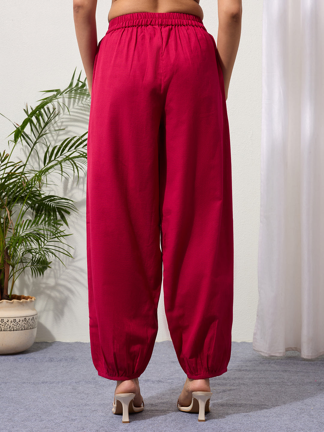 Fuchsia Cotton Linen Piping Hem Palazzo with Pocket