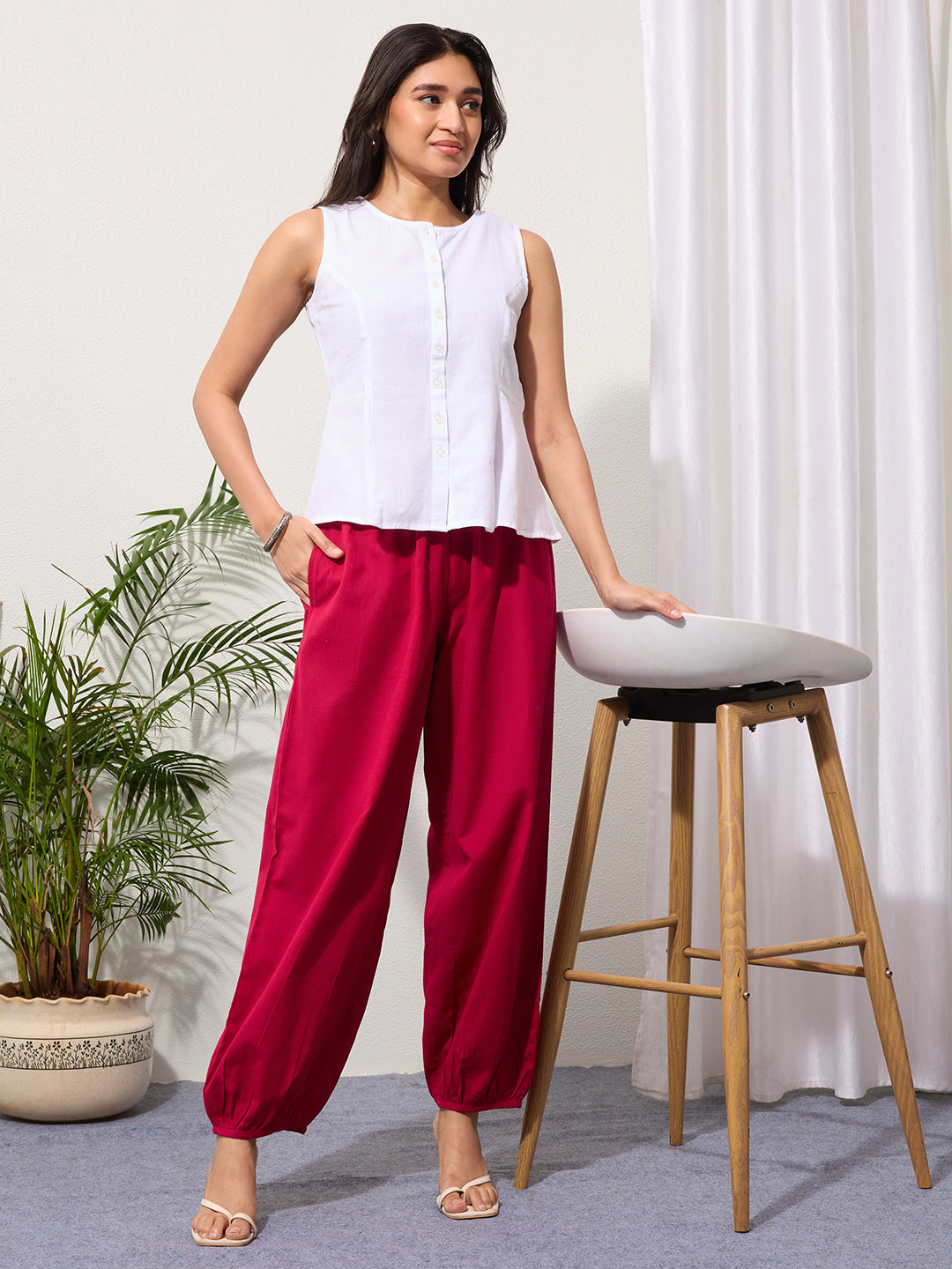 Fuchsia Cotton Linen Piping Hem Palazzo with Pocket