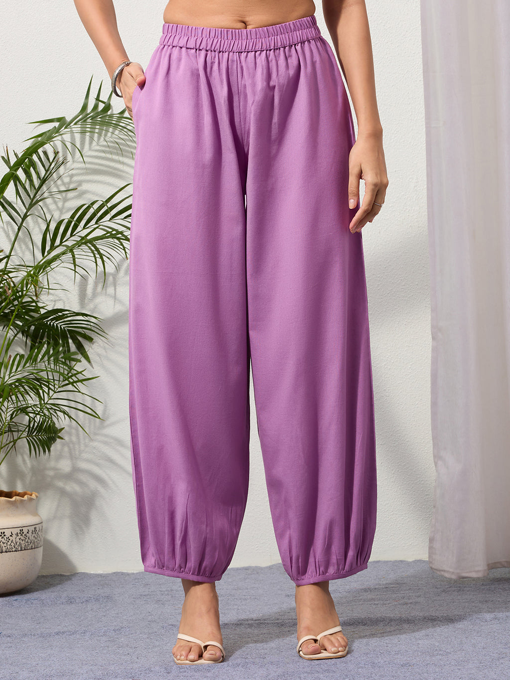 Mauve Cotton Linen Piping Hem Palazzo with Pocket