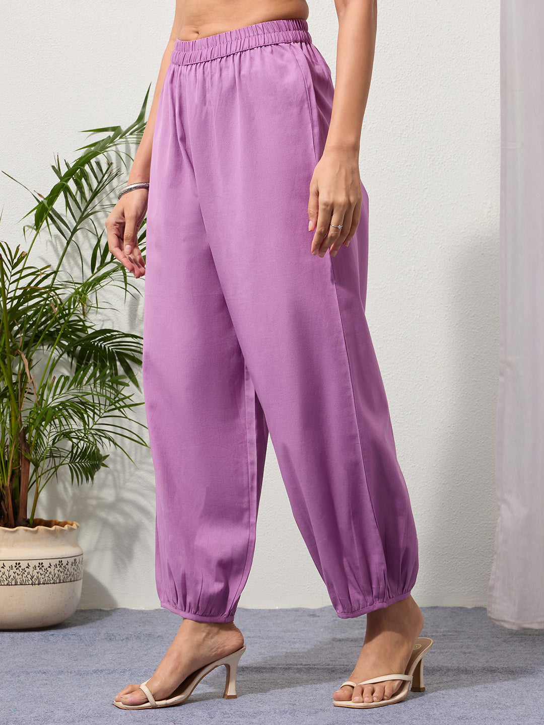 Mauve Cotton Linen Piping Hem Palazzo with Pocket