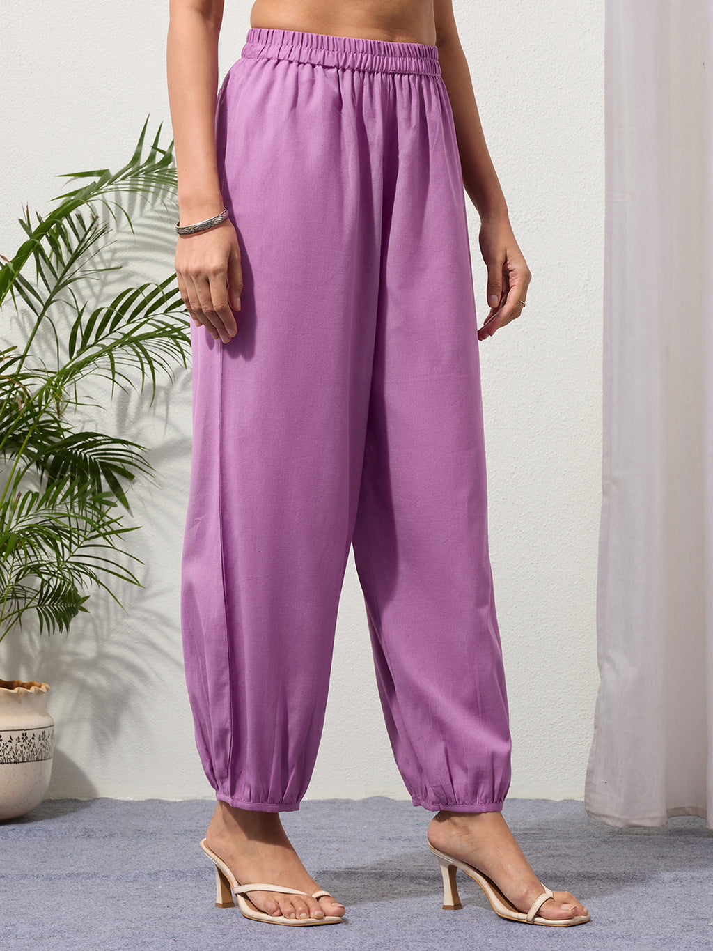 Mauve Cotton Linen Piping Hem Palazzo with Pocket