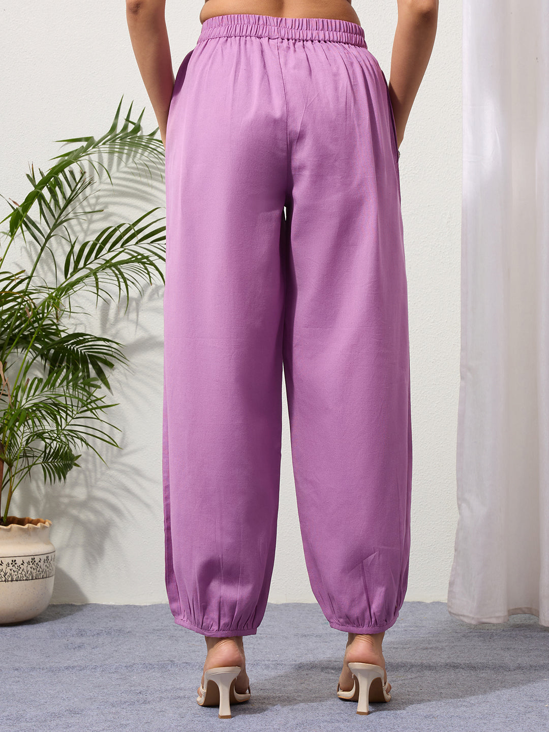 Mauve Cotton Linen Piping Hem Palazzo with Pocket