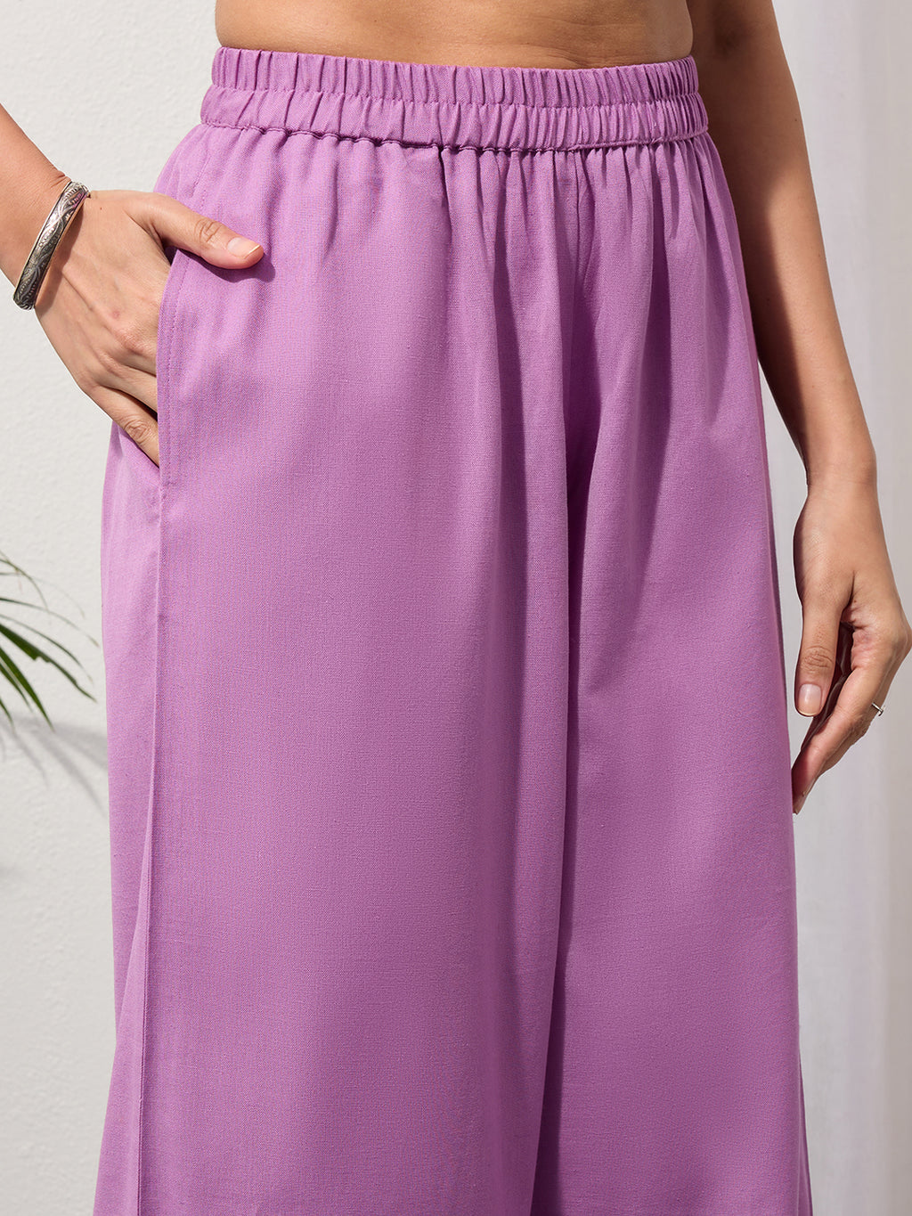 Mauve Cotton Linen Piping Hem Palazzo with Pocket