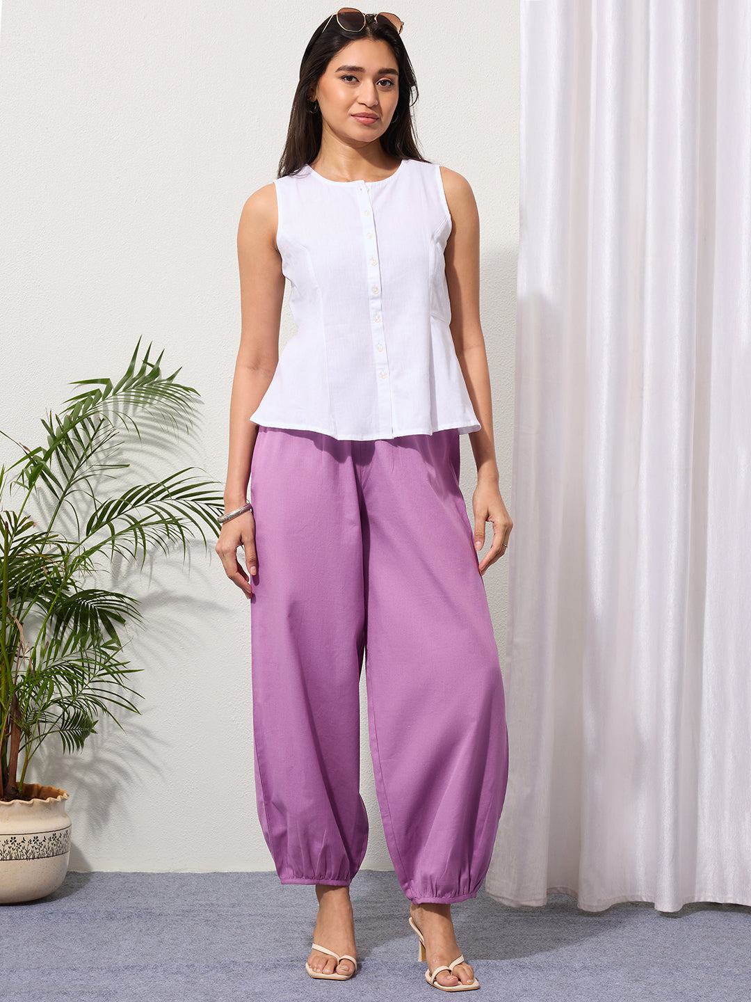 Mauve Cotton Linen Piping Hem Palazzo with Pocket