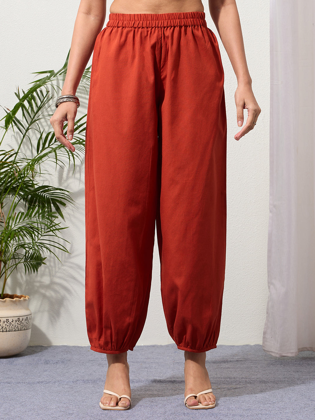 Rust Cotton Linen Piping Hem Palazzo with Pocket