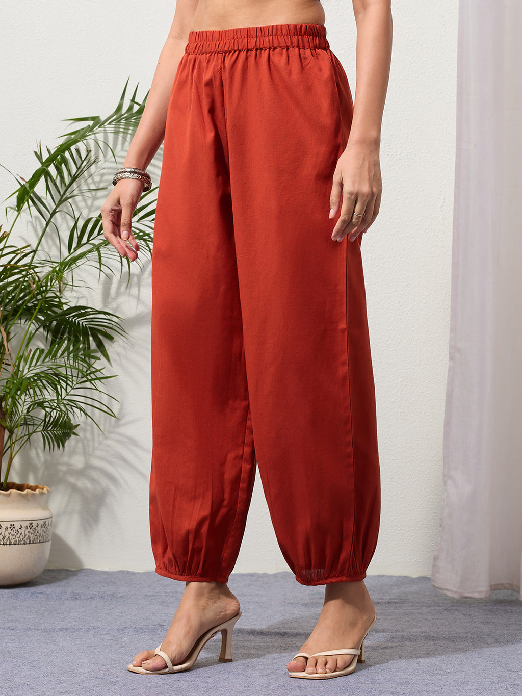Rust Cotton Linen Piping Hem Palazzo with Pocket