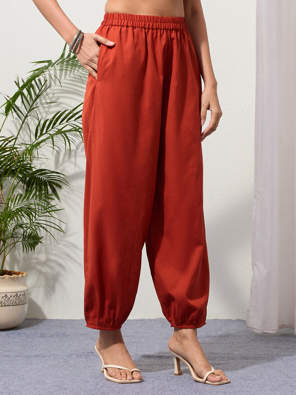 Rust Cotton Linen Piping Hem Palazzo with Pocket