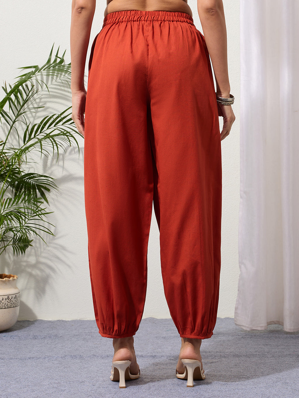 Rust Cotton Linen Piping Hem Palazzo with Pocket