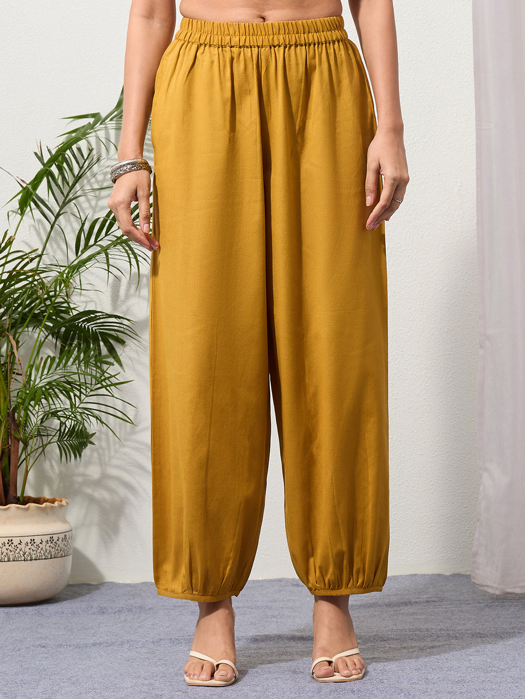 Mustard Cotton Linen Piping Hem Palazzo with Pocket