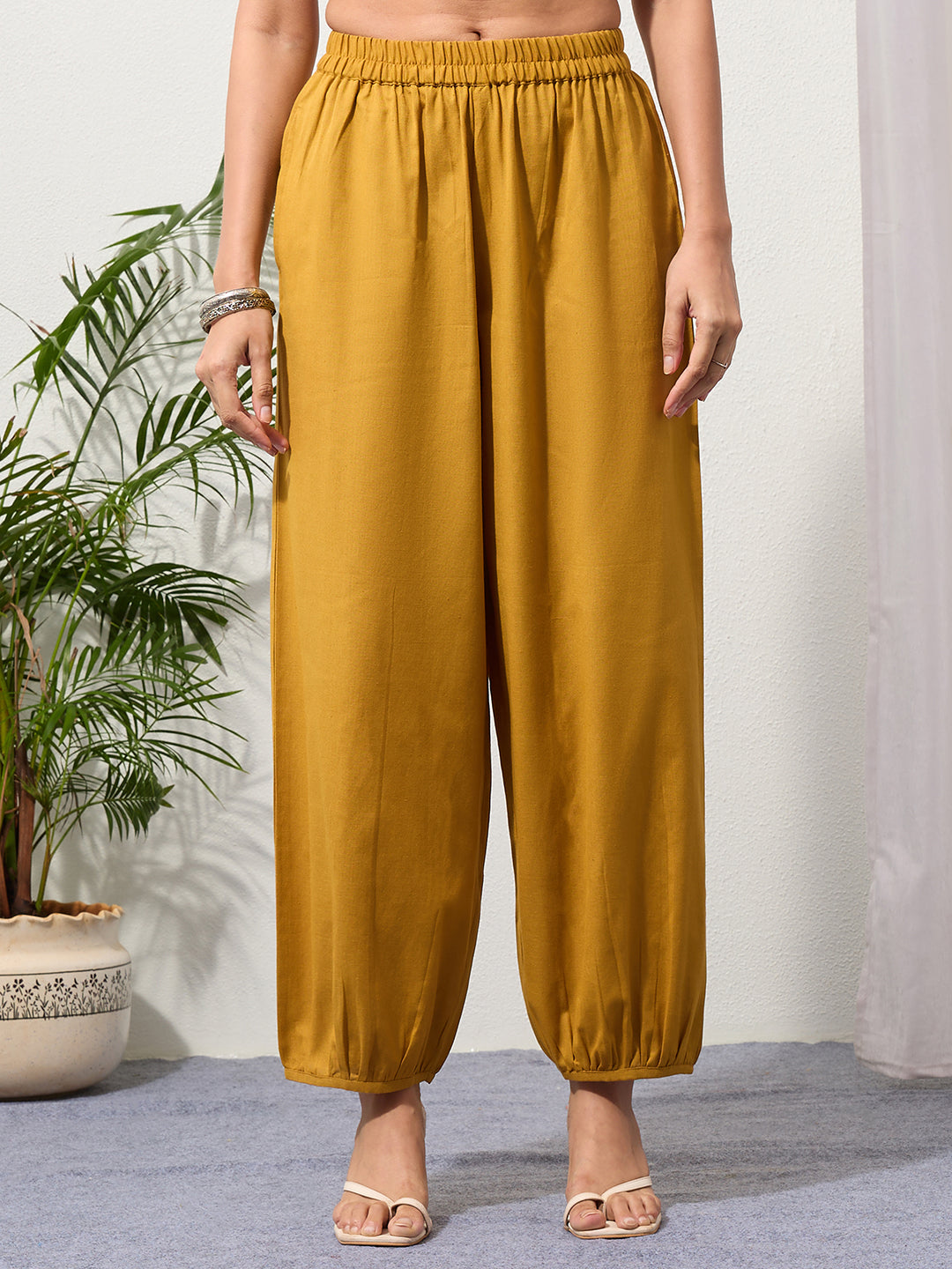 Mustard Cotton Linen Piping Hem Palazzo with Pocket