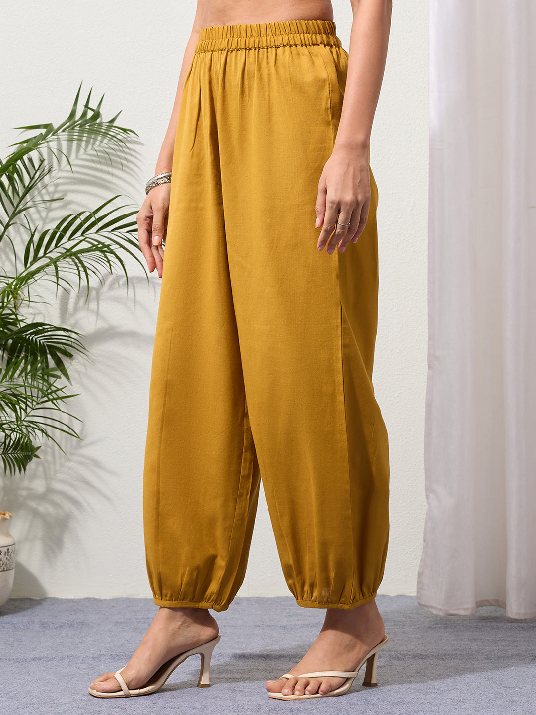 Mustard Cotton Linen Piping Hem Palazzo with Pocket