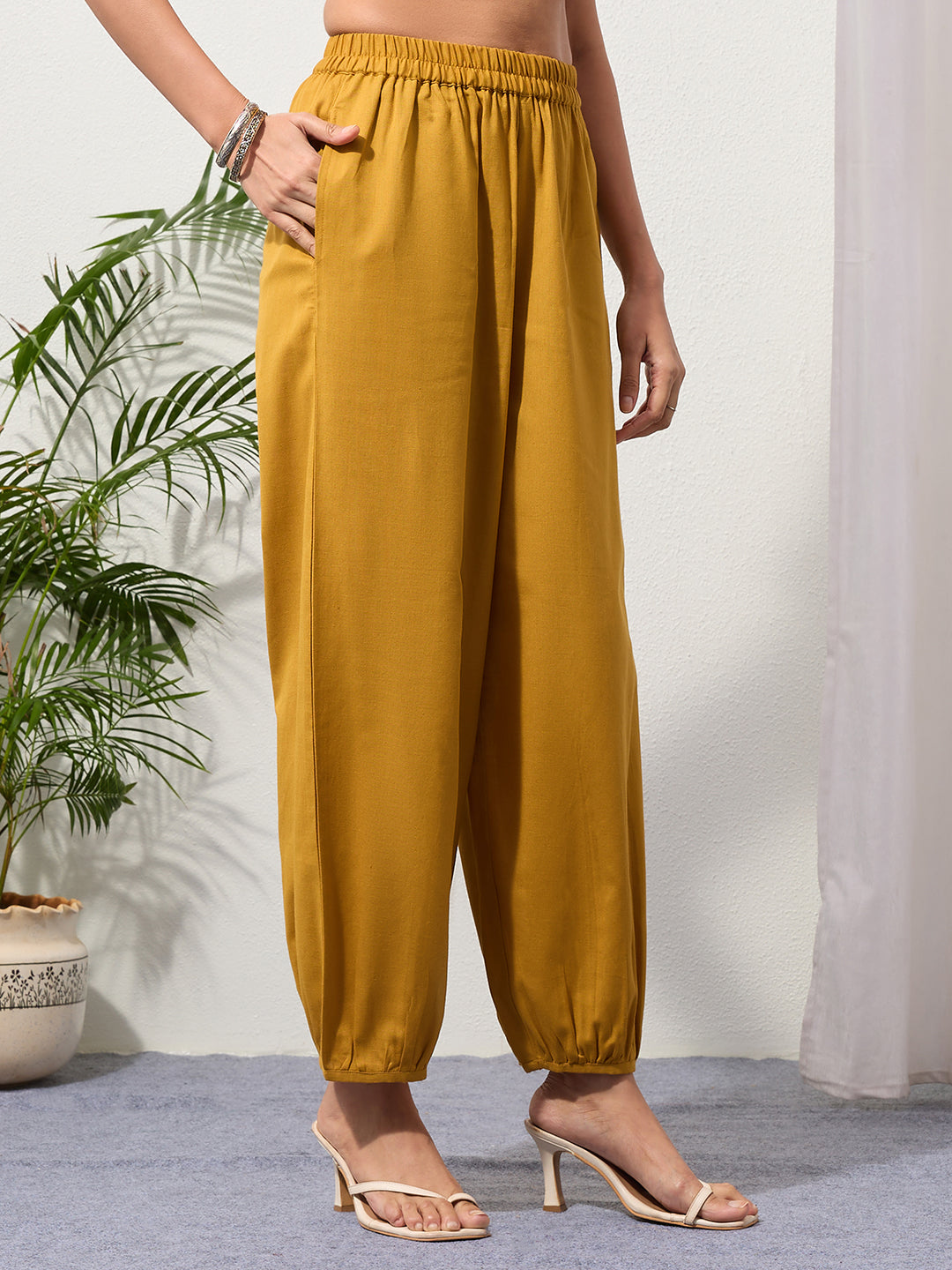 Mustard Cotton Linen Piping Hem Palazzo with Pocket