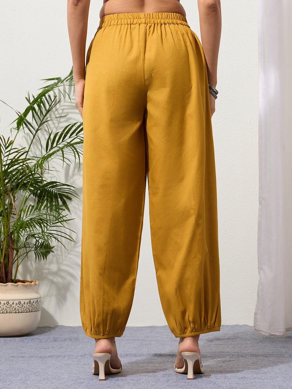 Mustard Cotton Linen Piping Hem Palazzo with Pocket