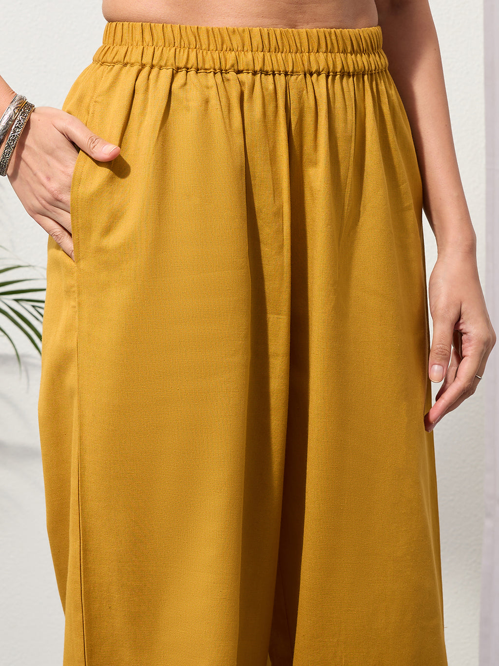 Mustard Cotton Linen Piping Hem Palazzo with Pocket
