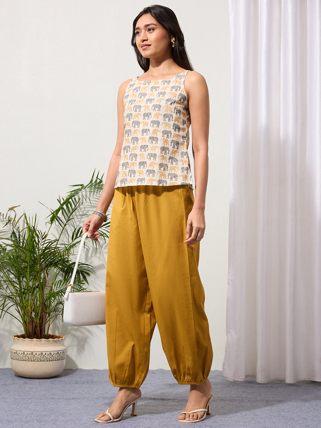 Mustard Cotton Linen Piping Hem Palazzo with Pocket