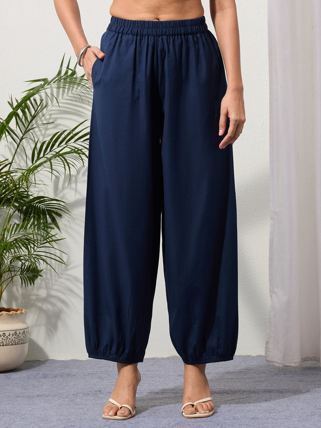 Navy Blue Cotton Linen Piping Hem Palazzo with Pocket