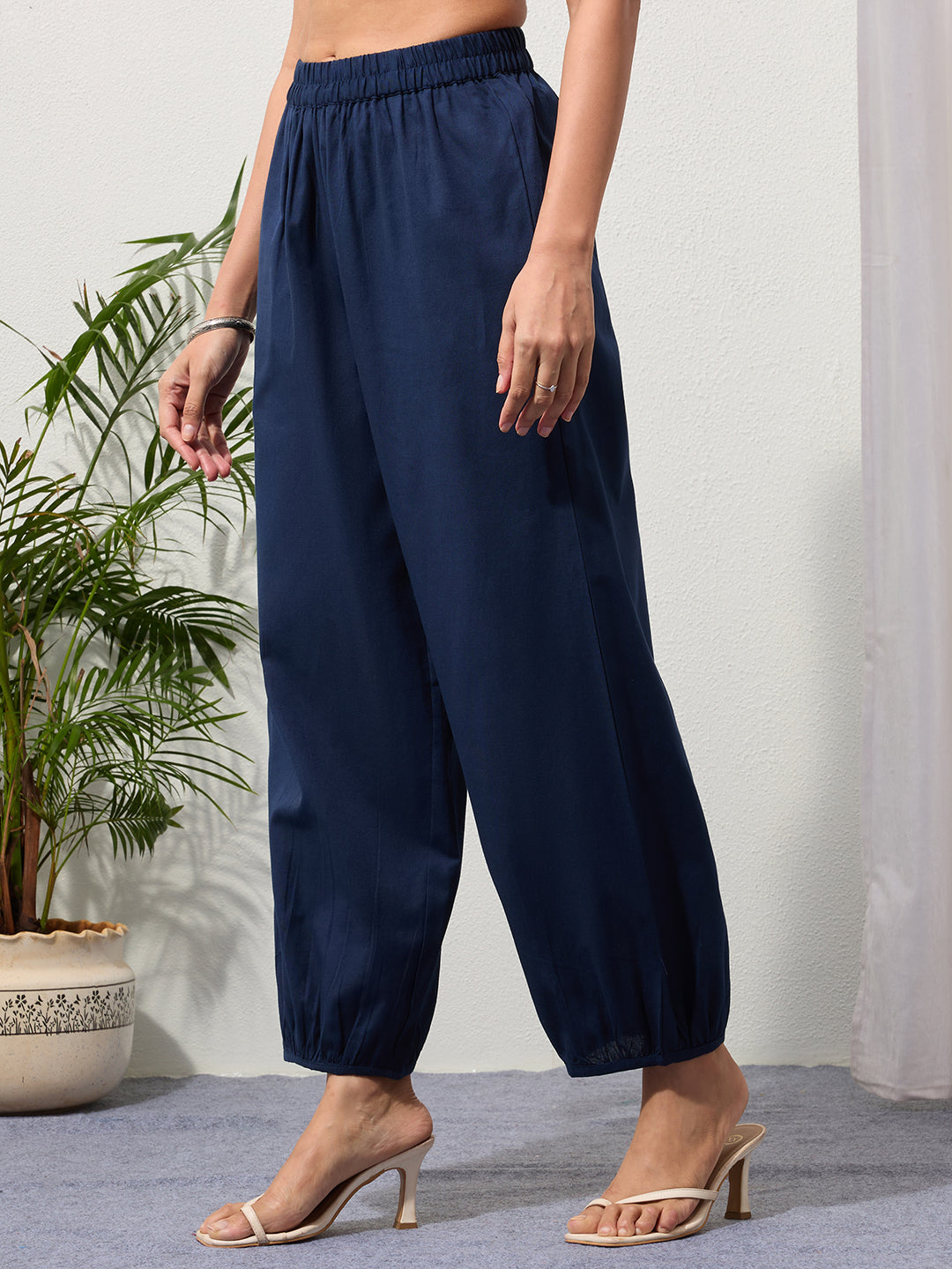 Navy Blue Cotton Linen Piping Hem Palazzo with Pocket