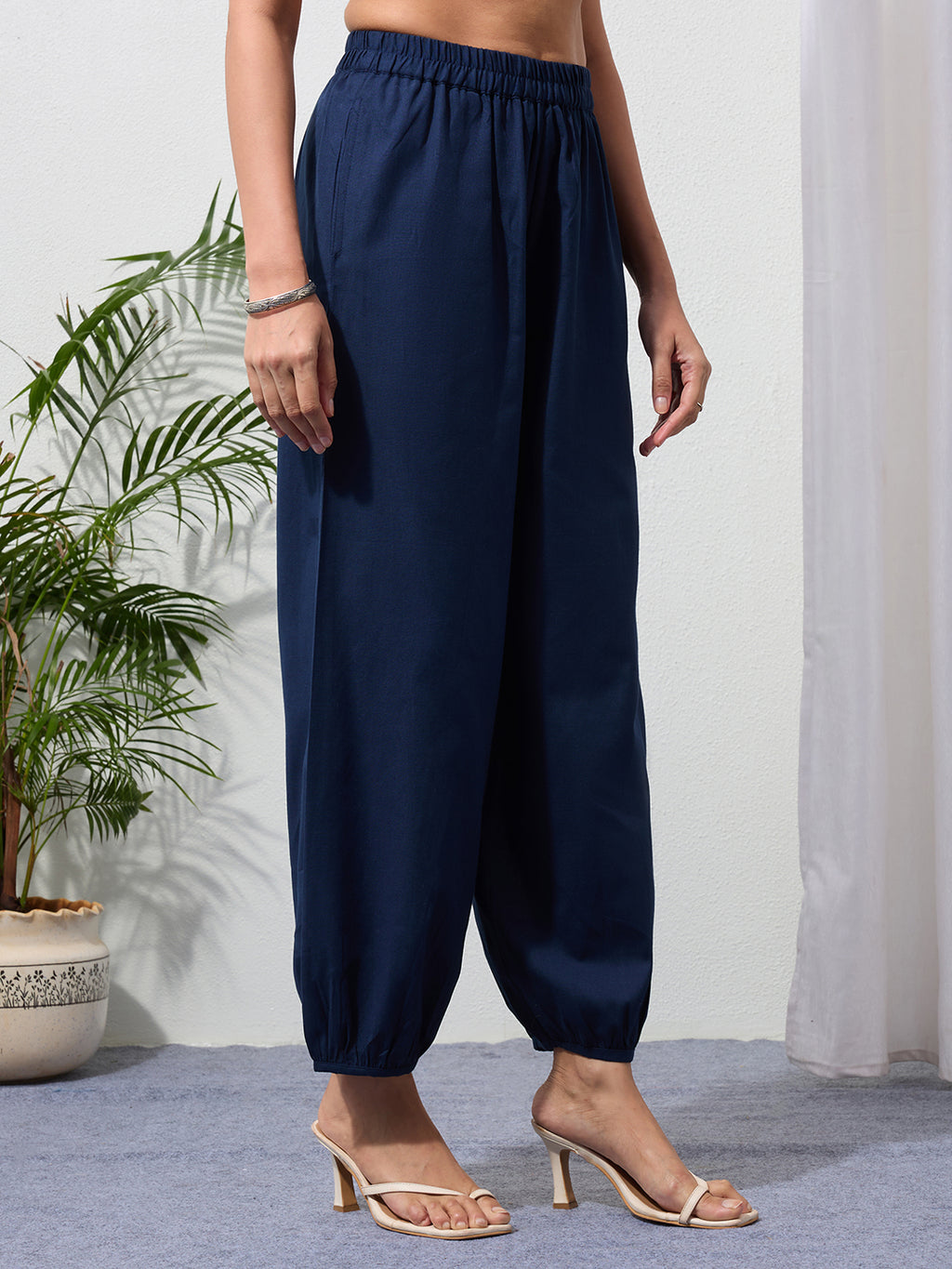 Navy Blue Cotton Linen Piping Hem Palazzo with Pocket