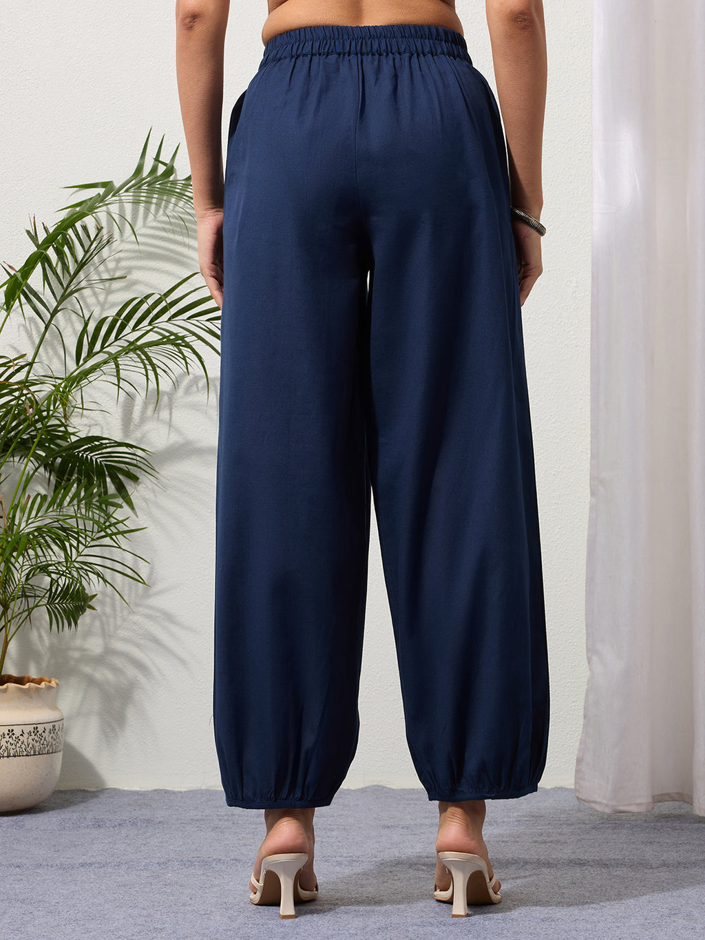 Navy Blue Cotton Linen Piping Hem Palazzo with Pocket