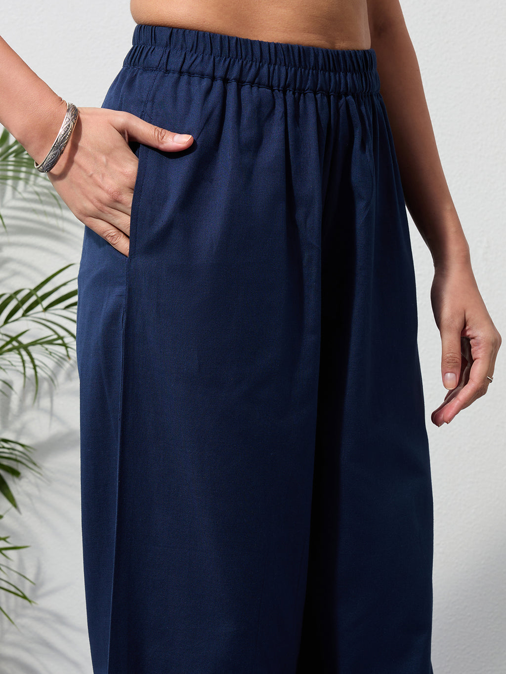 Navy Blue Cotton Linen Piping Hem Palazzo with Pocket
