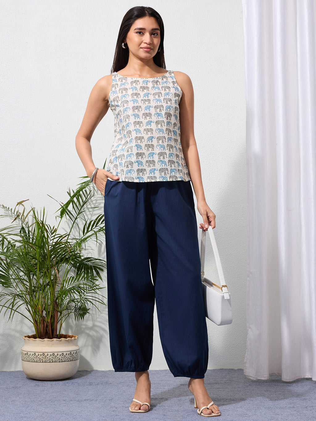 Navy Blue Cotton Linen Piping Hem Palazzo with Pocket