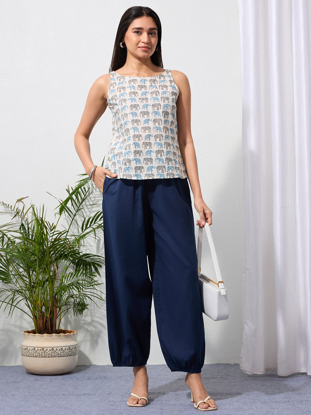 Navy Blue Cotton Linen Piping Hem Palazzo with Pocket
