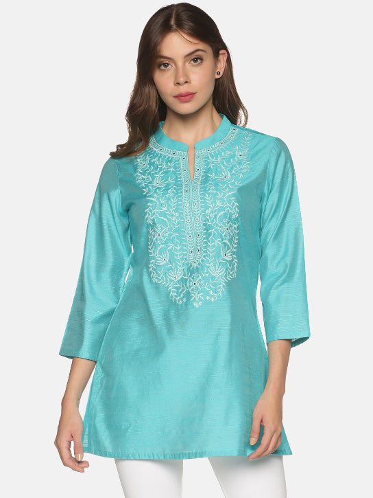 Turquoise Blue Art Raw Silk Tunic with Floral Embroidered Neck & Mirror Accents