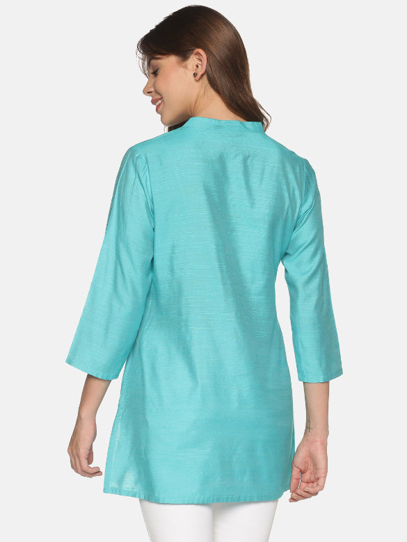 Turquoise Blue Art Raw Silk Tunic with Floral Embroidered Neck & Mirror Accents
