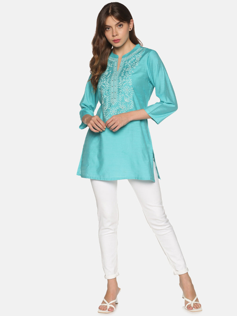 Turquoise Blue Art Raw Silk Tunic with Floral Embroidered Neck & Mirror Accents