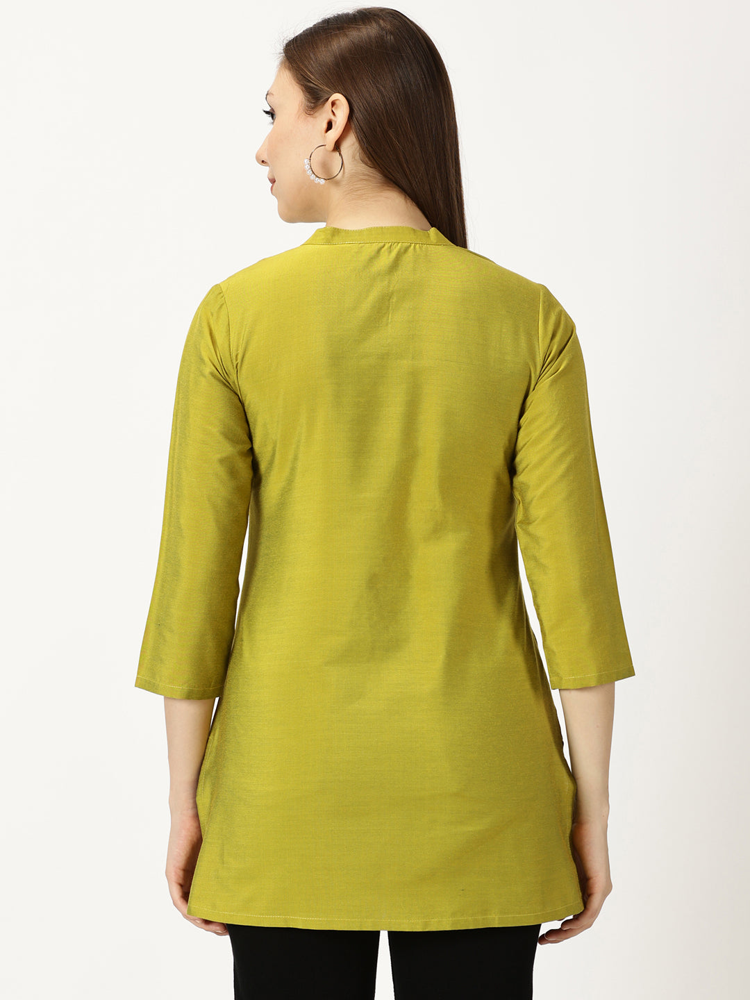 Green Art Silk Embroidered  Neck Tunic with Mirror Accents