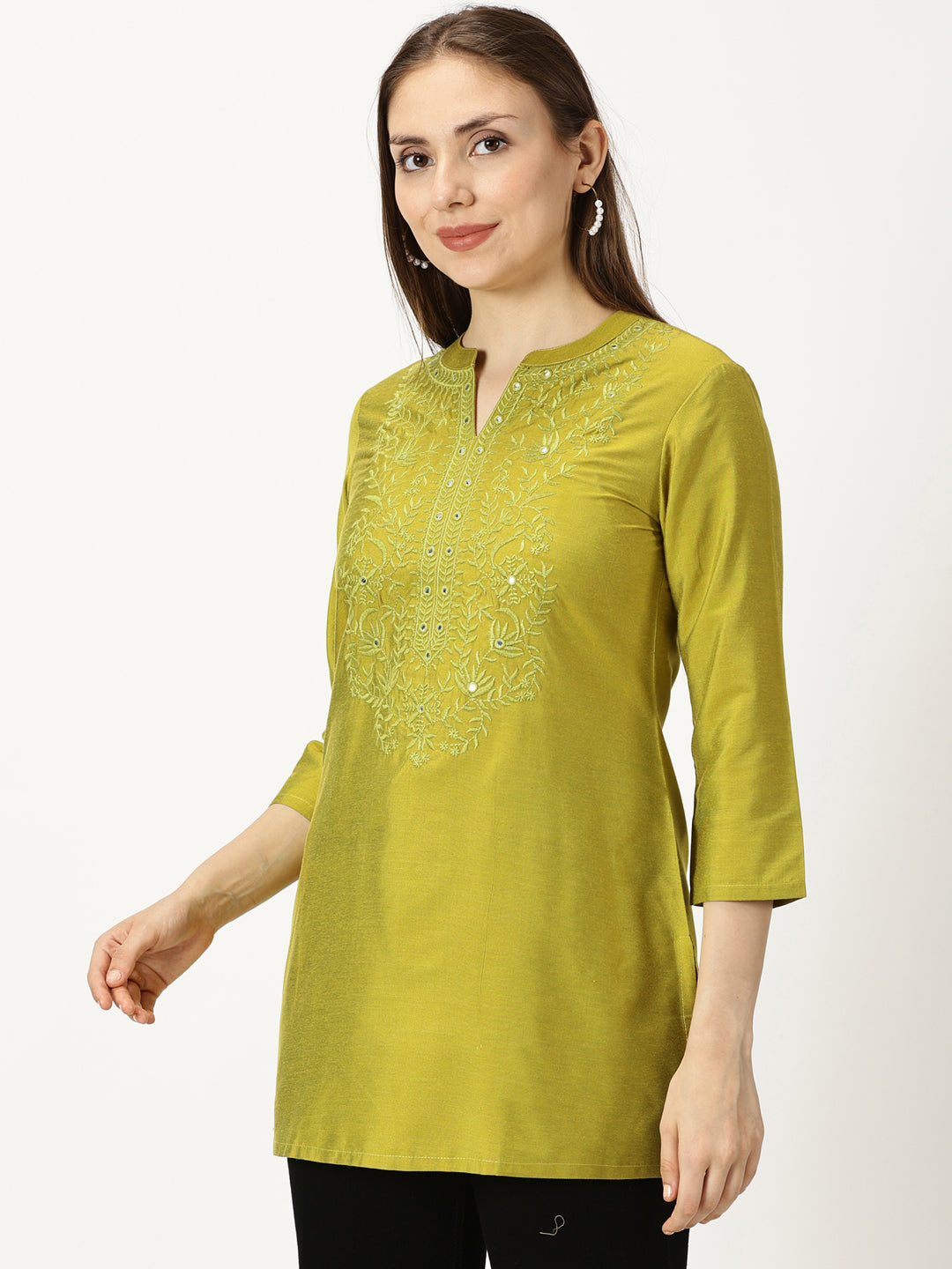 Green Art Silk Embroidered  Neck Tunic with Mirror Accents