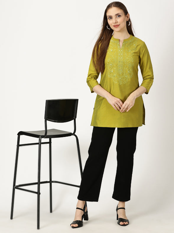 Green Art Silk Embroidered  Neck Tunic with Mirror Accents