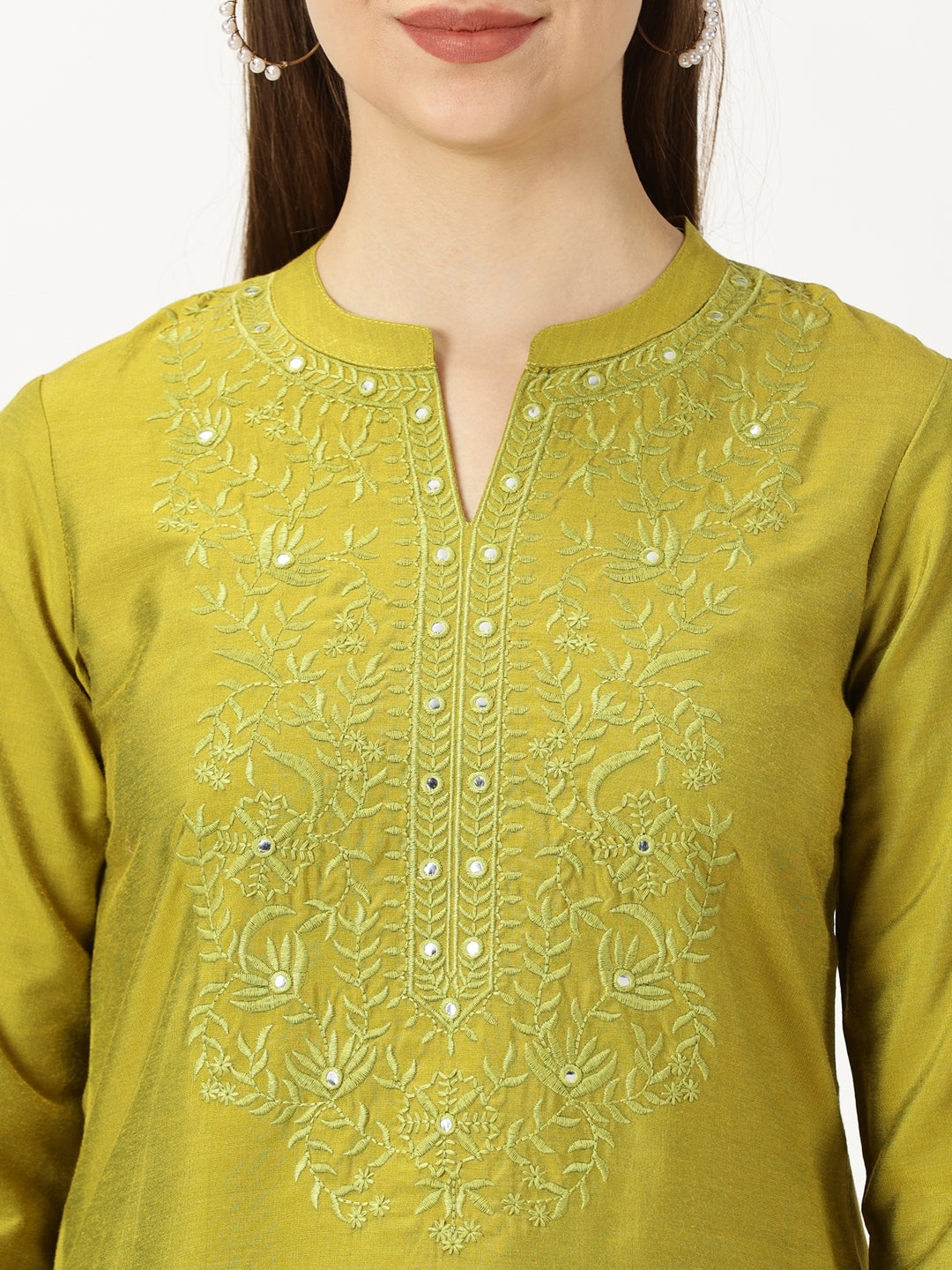 Green Art Silk Embroidered  Neck Tunic with Mirror Accents