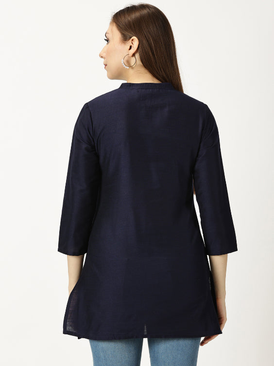 Navy Blue Raw Art Silk Embroidered Neck Tunic with Mirror Accents
