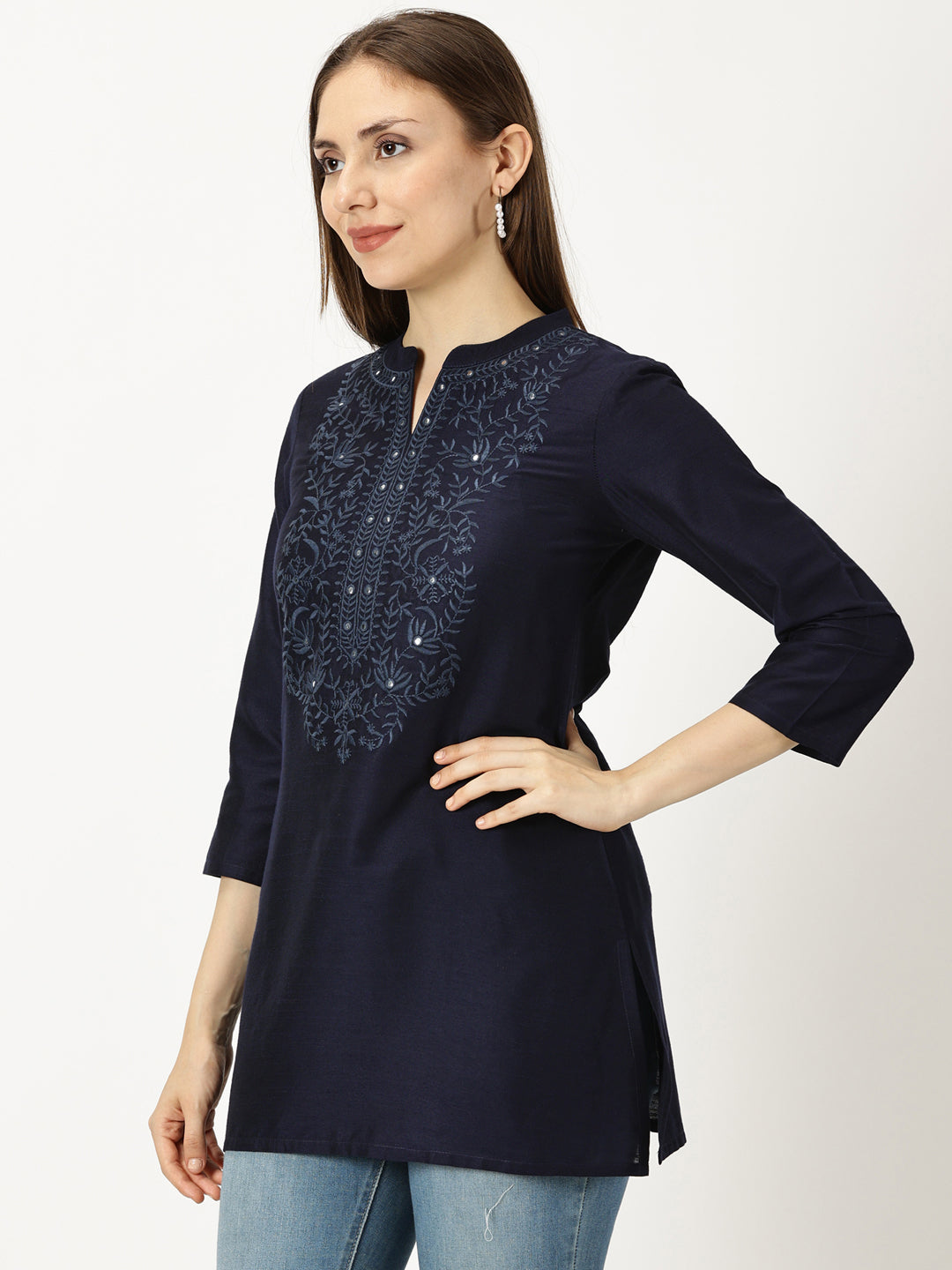 Navy Blue Raw Art Silk Embroidered Neck Tunic with Mirror Accents