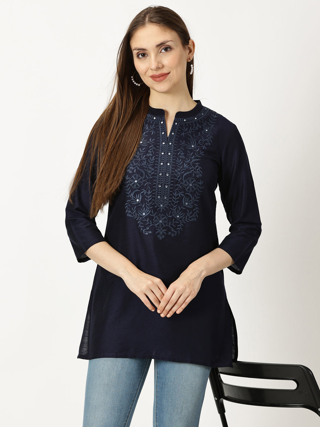 Navy Blue Raw Art Silk Embroidered Neck Tunic with Mirror Accents