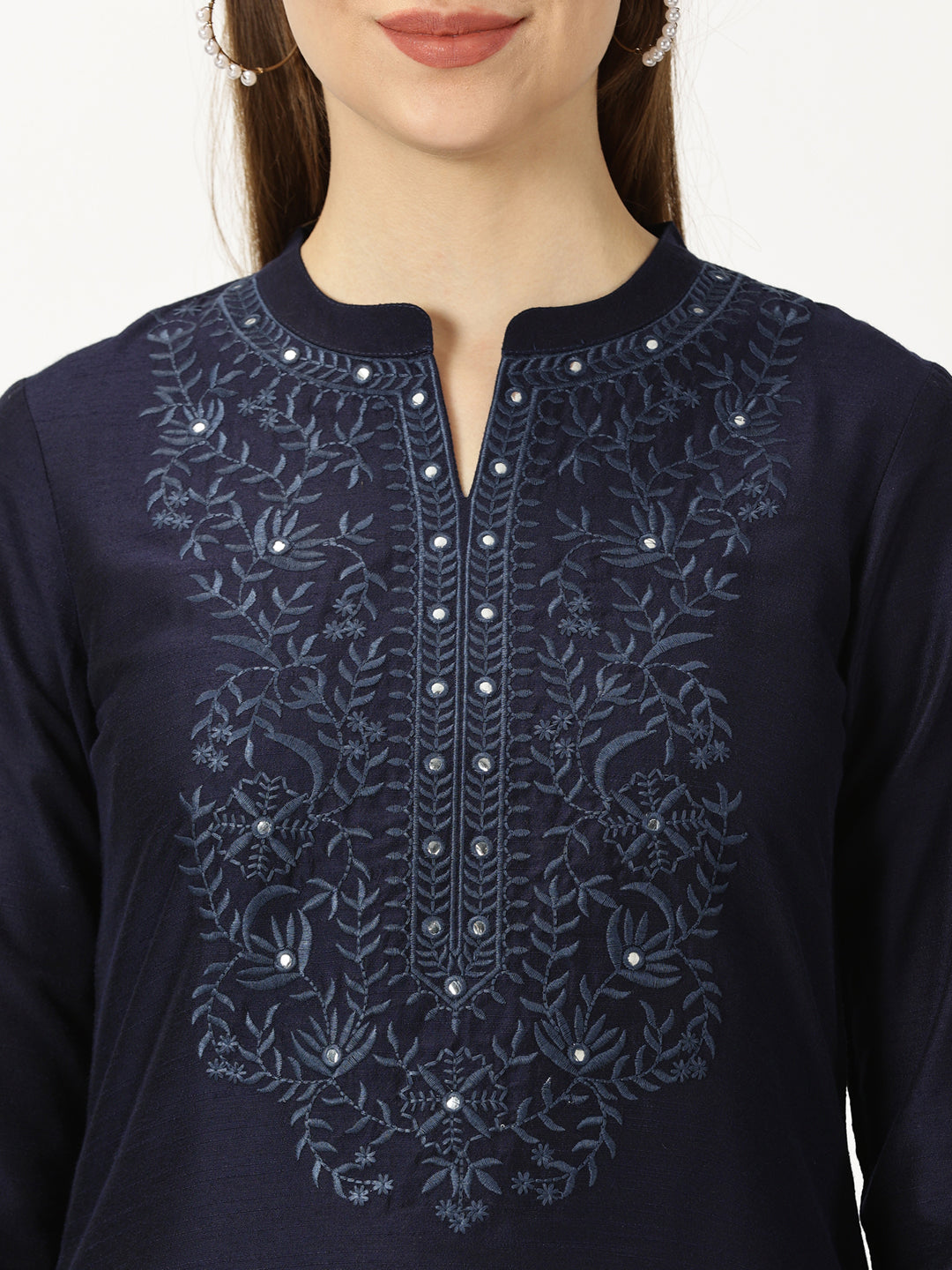 Navy Blue Raw Art Silk Embroidered Neck Tunic with Mirror Accents