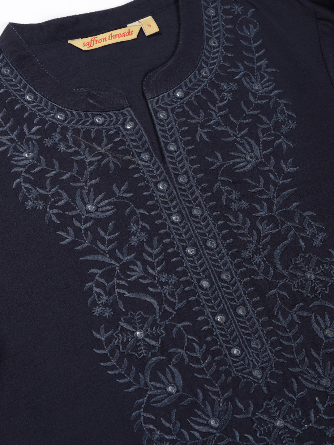 Navy Blue Raw Art Silk Embroidered Neck Tunic with Mirror Accents