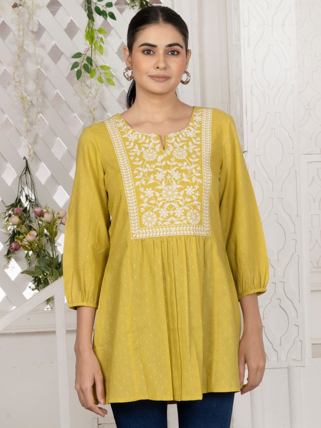 Corn Yellow Chikankari Embroidered Dobby Tunic
