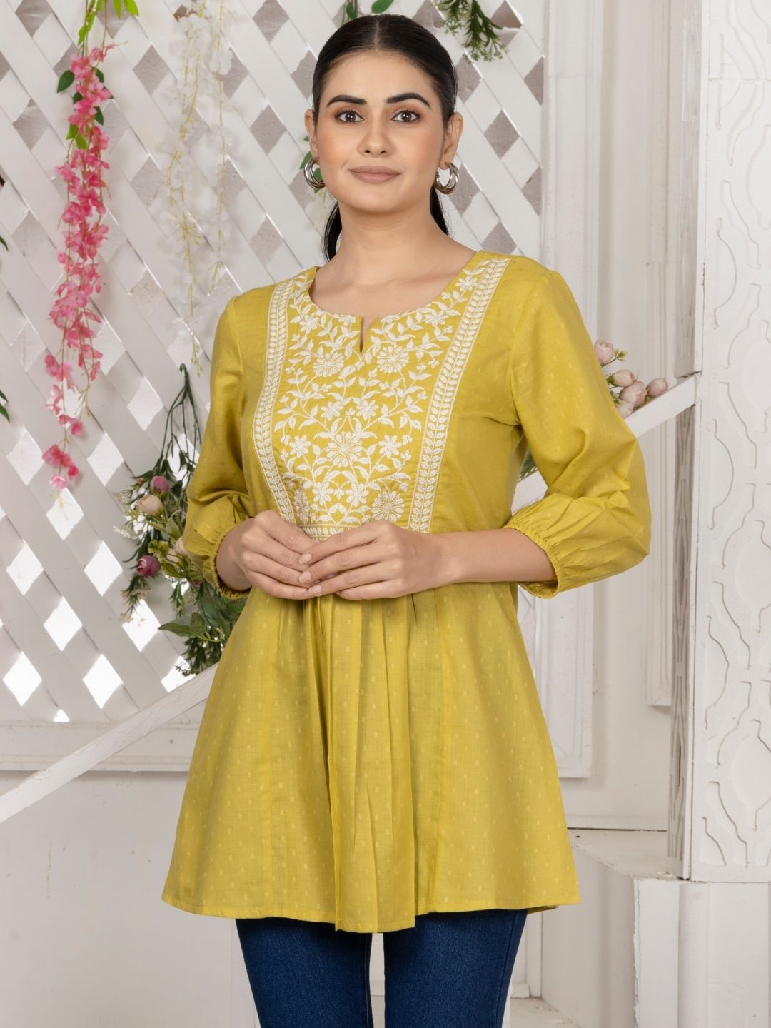 Corn Yellow Chikankari Embroidered Dobby Tunic