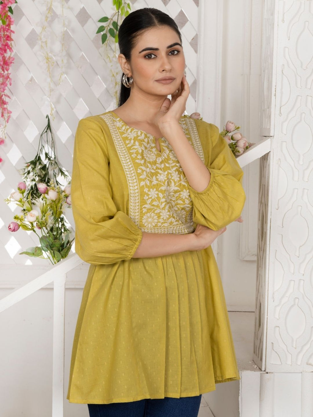 Corn Yellow Chikankari Embroidered Dobby Tunic