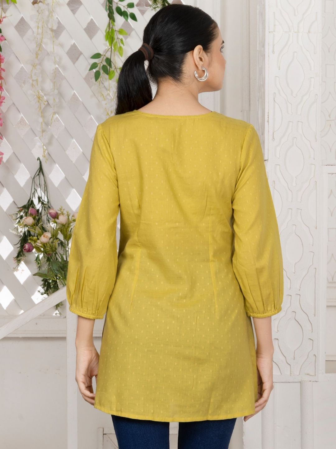 Corn Yellow Chikankari Embroidered Dobby Tunic